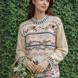 VINTAGE JENNIFER & COMPANY Cotton/Ramie Floral Sweater, M